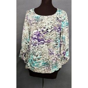 CHICOS Womans Roll Tab 3/4 Sleeve Knit‎ TOP Tan Teal Purple Tunic Sz 0 Small